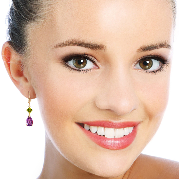 14K. GOLD LEVERBACK EARRING WITH AMETHYSTS & PERIDOTS (Yellow Gold) - Picture 2 of 3